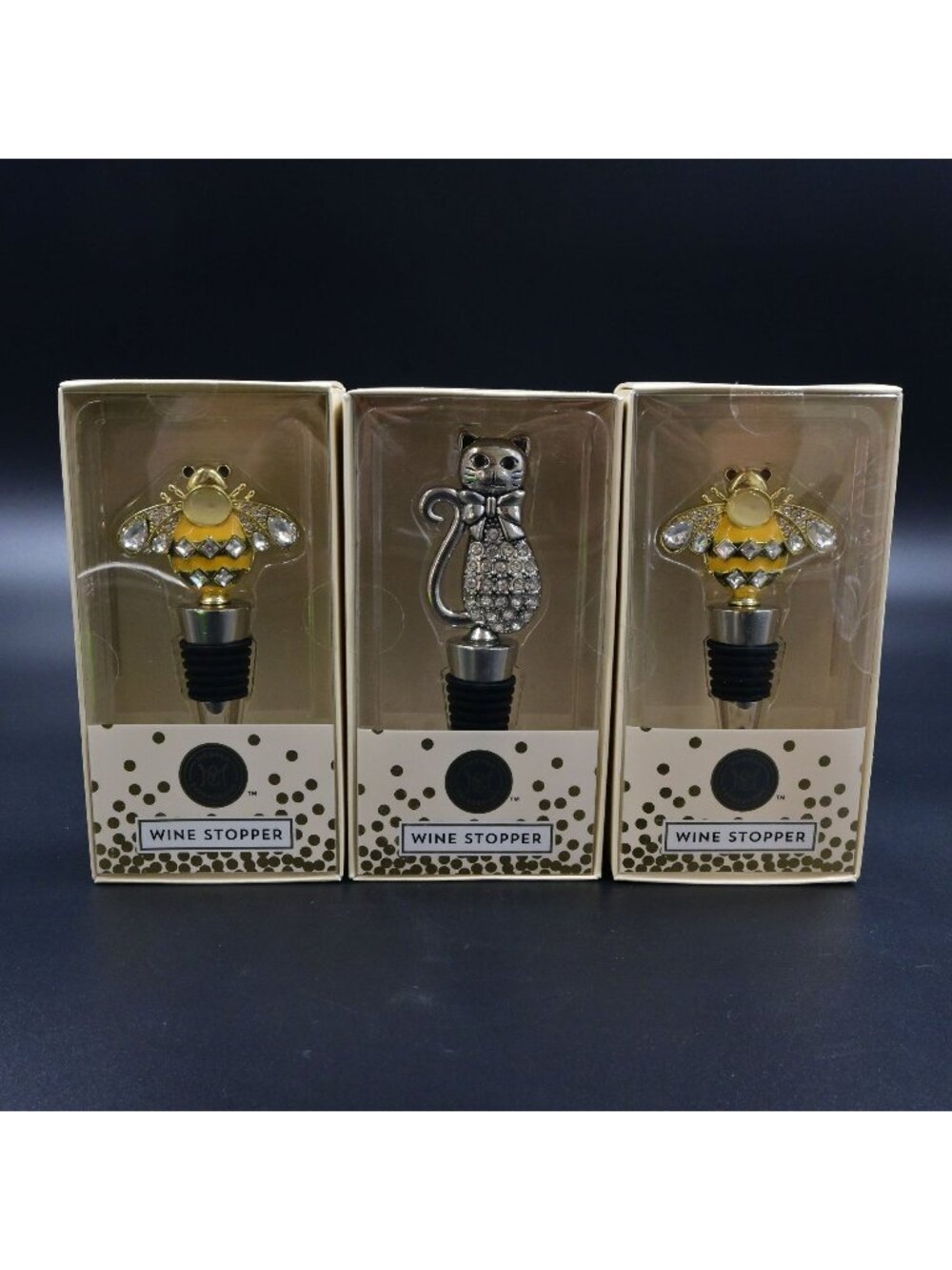 Modern Expressions Bumble Bee & Cat Crystal Wine Stoppers Set of 3 New in Box